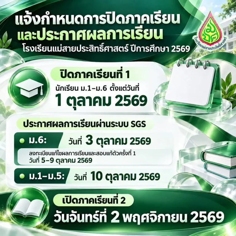 กำหนดการปิดภาคเรียนและประกาศผลการเรียน โรงเรียนแม่สายประสิทธิ์ศาสตร์ ภาคเรียนที่ 1 ปีการศึกษา 2569