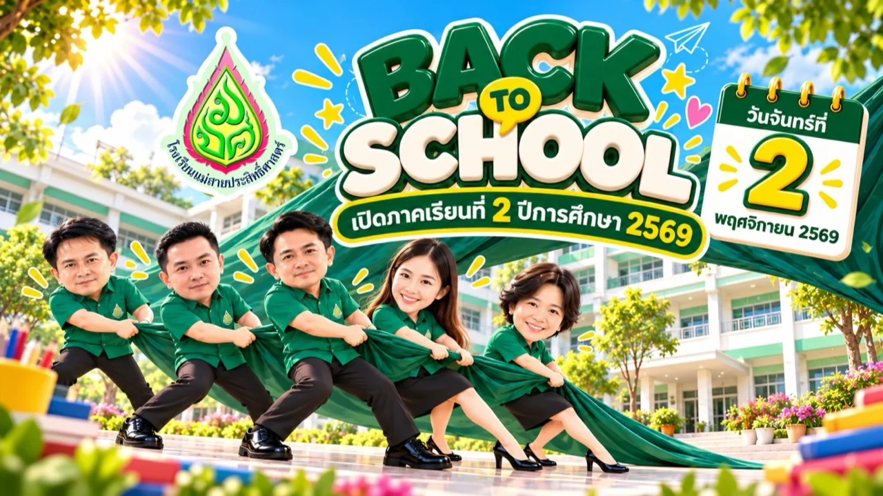 สื่อประชาสัมพันธ์เปิดภาคเรียนที่ 2 ปีการศึกษา 2569 โรงเรียนแม่สายประสิทธิ์ศาสตร์ วันที่ 2 พฤศจิกายน 2569